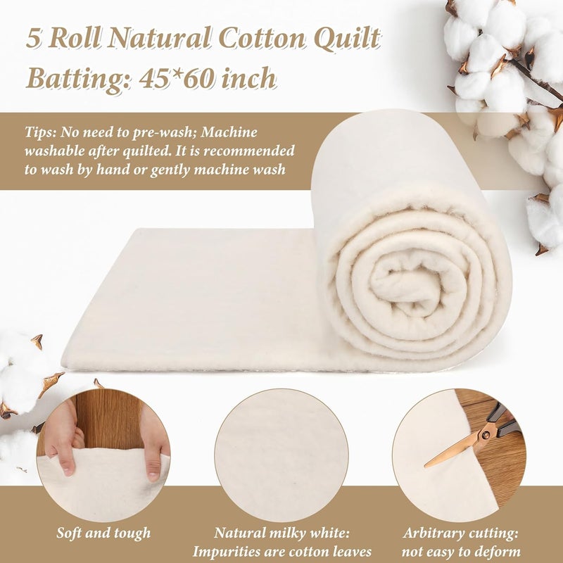 Cosblank 5 Pcs 45 x 60 Inches Cotton Quilt Batting Soft Light Weight Purely Natural Cotton Batting All Season Quilting Batting for Stuffing Blankets Quilts, Craft and Wearable Arts Supplies - Image 2